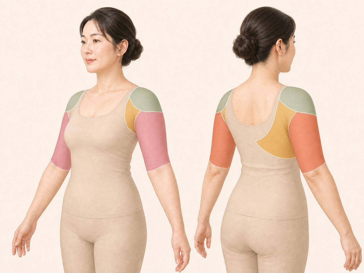 二の腕前側・後ろ側、肩、副乳、背面の付け根を色分けした脂肪吸引部位の図
